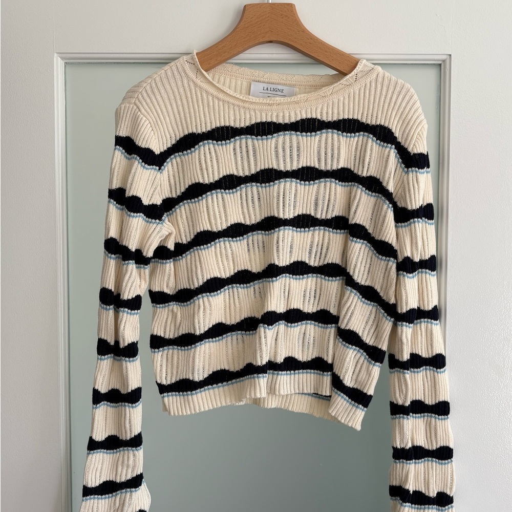 La Ligne Cream, Navy Blue striped sweater with scalloped details
